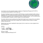 Letter about Neighborhood Planning Unit Rs support for a mural at Stone Hogan Park; includes NPU-R logo, map.